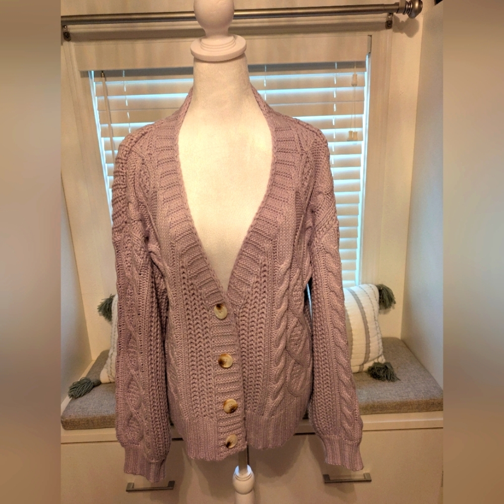 Cable knit purple cardigan sweater